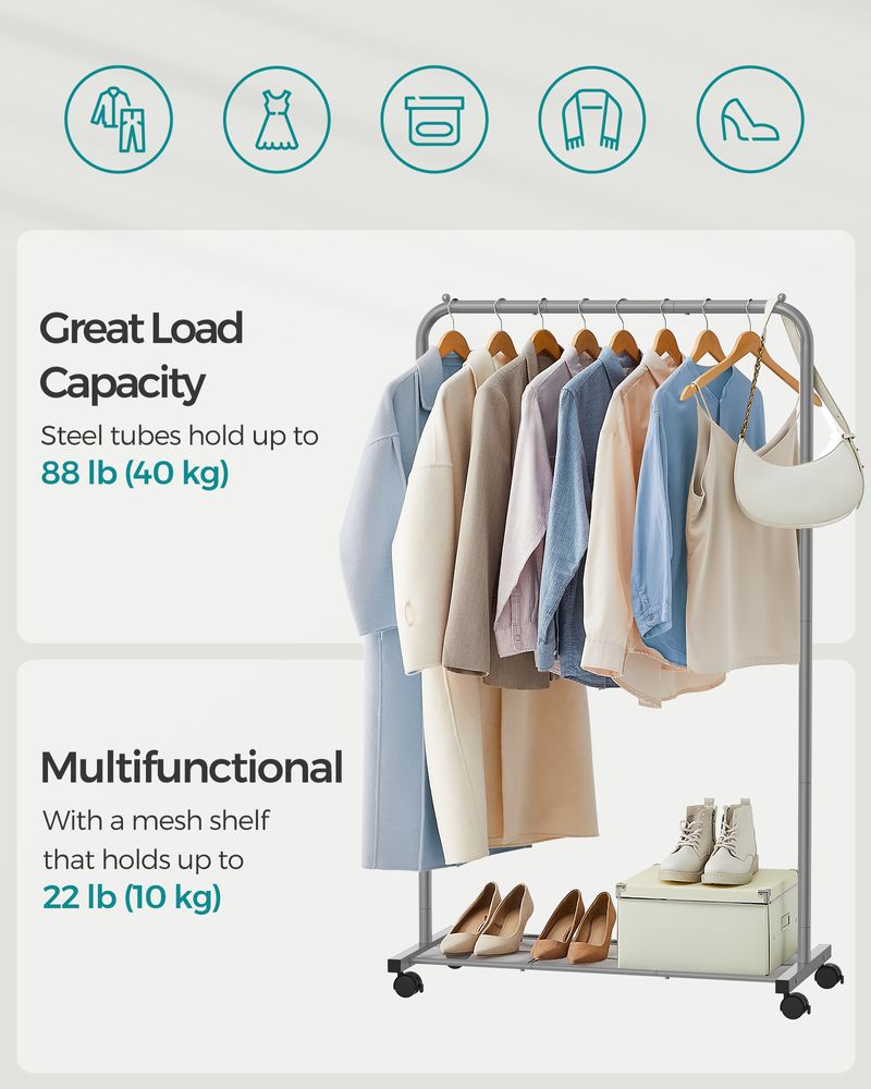 SONGMICS Clothes Rack with Wheels and Dense Mesh Storage Shelf 