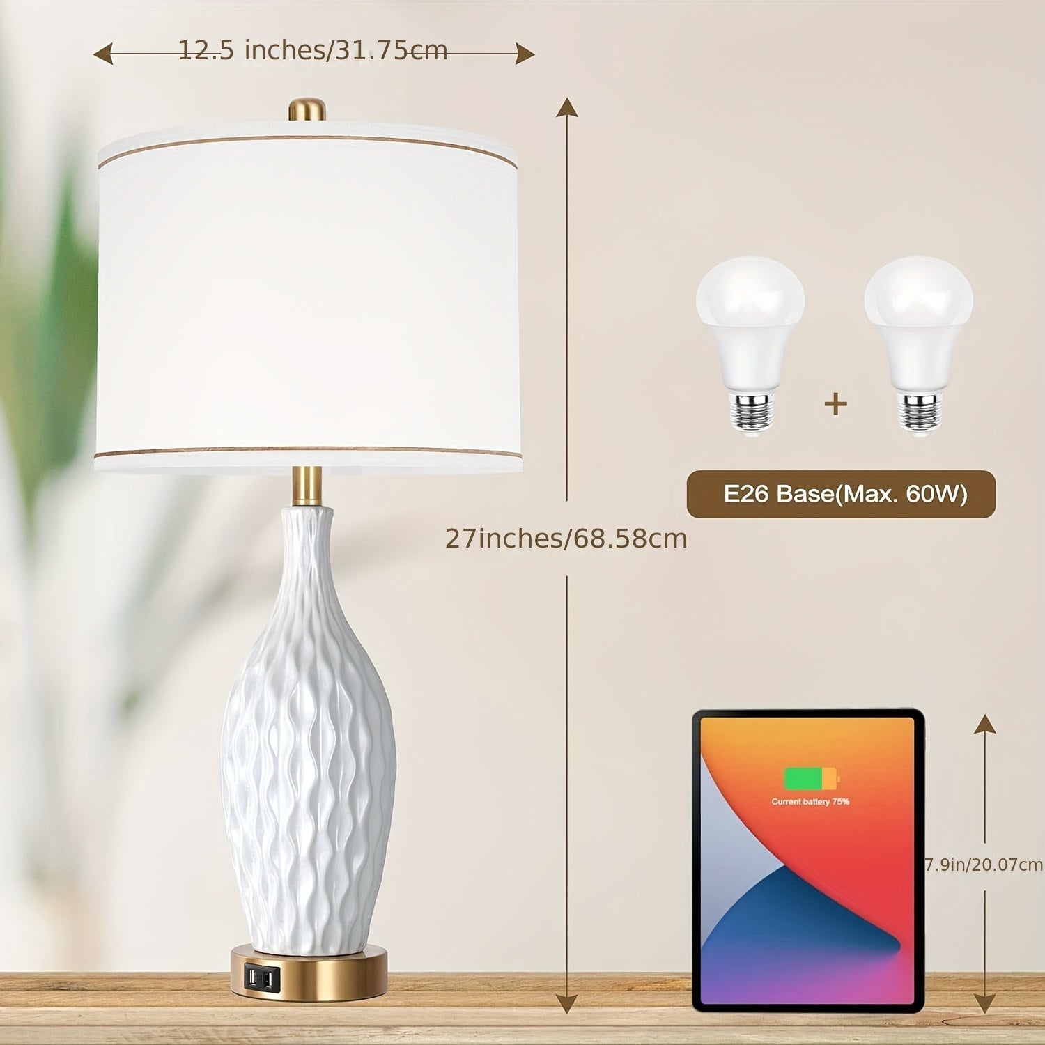 White Table Lamp Set of 2, 3-Way Dimmable Touch Control with USB Ports, 27inch, Linen Shade (LED Bulb Included) 