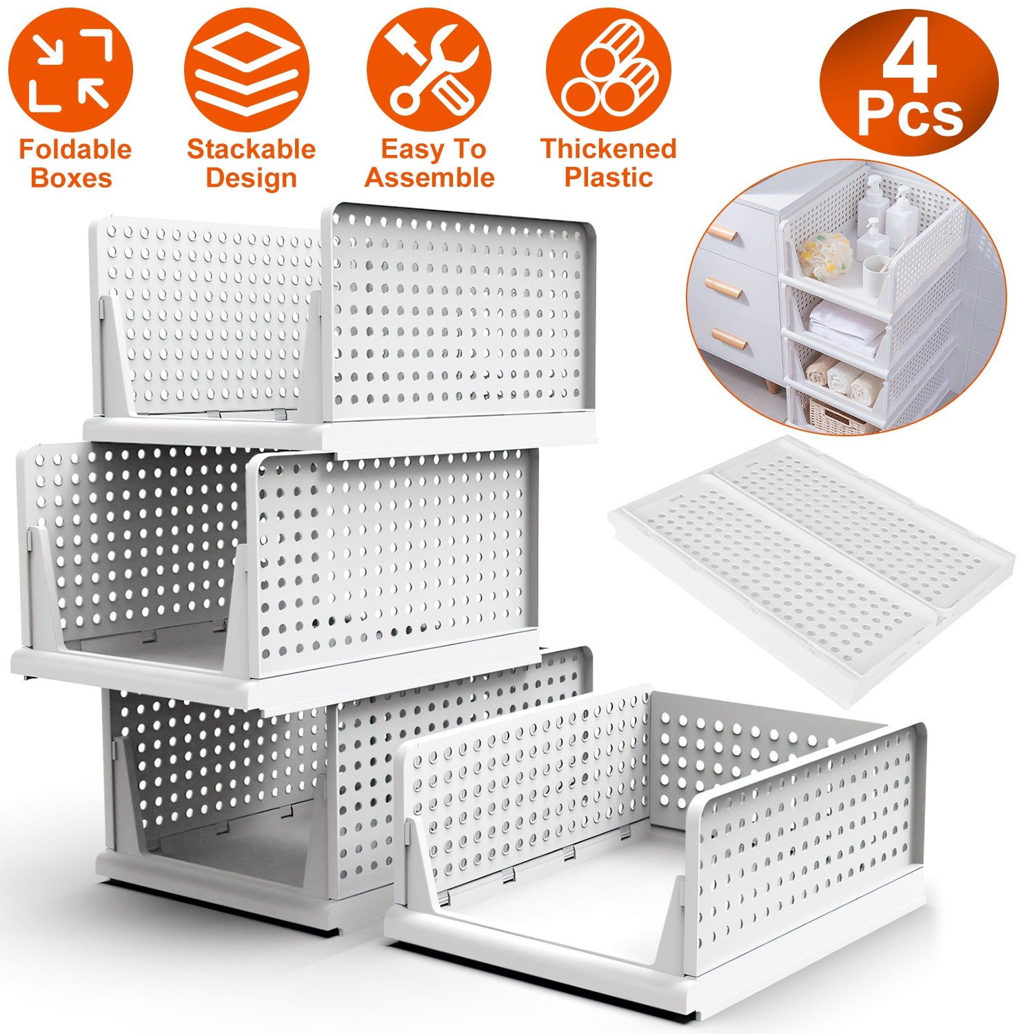 4 Packs Plastic Storage Box Closet Organizer Foldable Storage Bin Stackable Drawer with Slide Rail Push-Pull Storage Basket for Living Room Bedroom Wa 