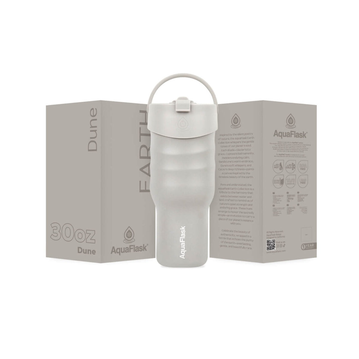 AquaFlask Earth Collection 30oz Insulated Stainless Steel Tumbler with Handle – Hot 12H / Cold 24H, Leak-Proof & Durable 