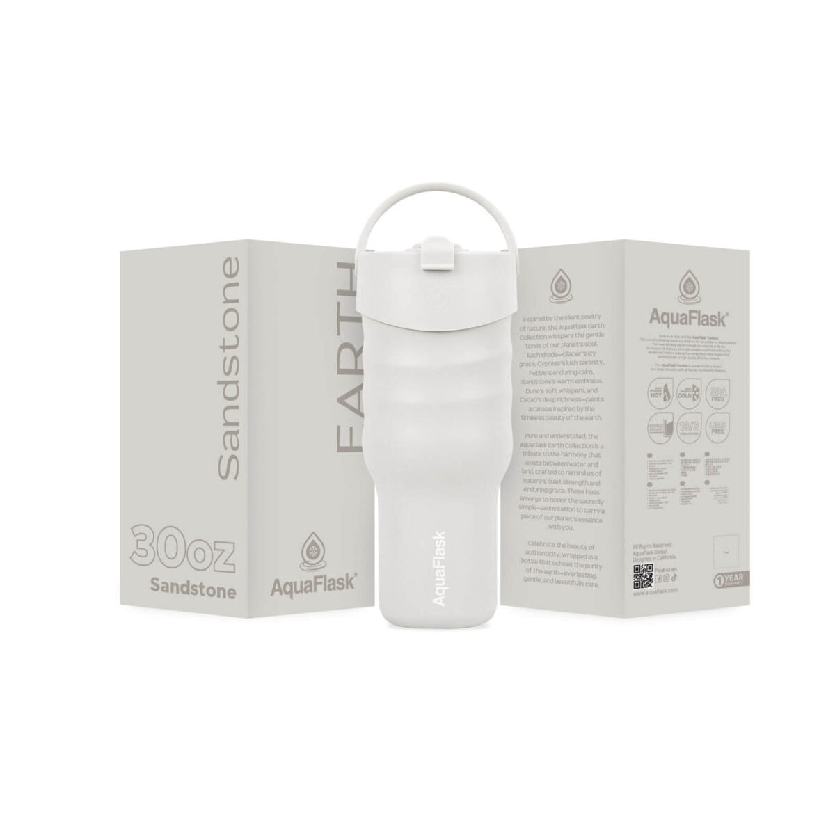 AquaFlask Earth Collection 30oz Insulated Stainless Steel Tumbler with Handle – Hot 12H / Cold 24H, Leak-Proof & Durable 