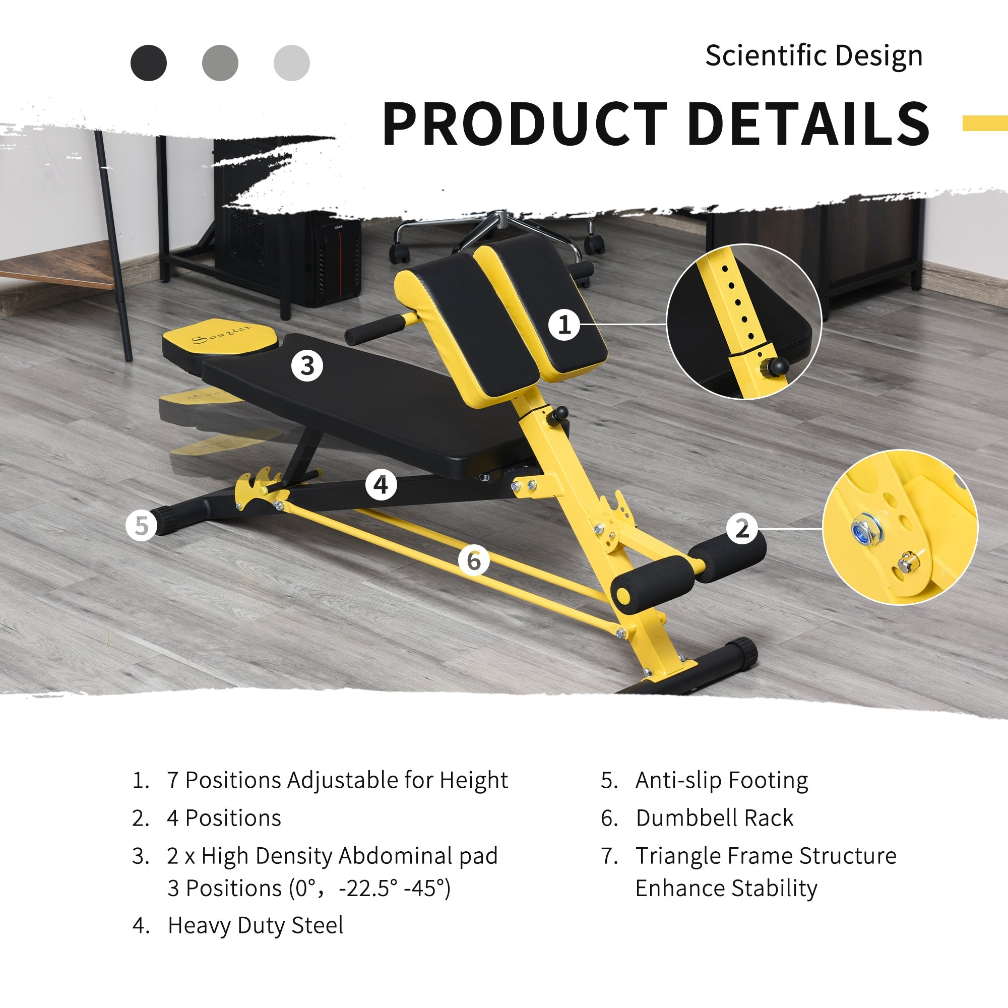 Soozier Multi-Functional Adjustable Hyper Extension Bench Dumbbell Bench Roman Chair Ab Sit up Decline Flat Black and Yellow 