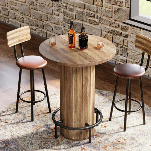 31.5" Round Bar Table with Footrest, Farmhouse Bistro Pub Table with Fence-Style Base & Rustic Brown Wood Finish