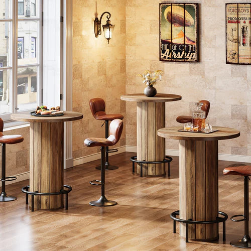31.5" Round Bar Table with Footrest, Farmhouse Bistro Pub Table with Fence-Style Base & Rustic Brown Wood Finish