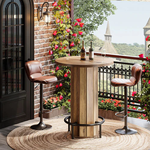 31.5" Round Bar Table with Footrest, Farmhouse Bistro Pub Table with Fence-Style Base & Rustic Brown Wood Finish