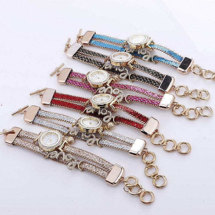 Fashion Women Rhinestone Leather Bracelet watch 