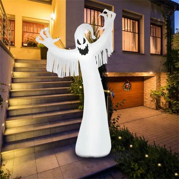 Spooky Halloween Inflatable Ghost - 12 Ft Tall With LED Lights, Waterproof Fabric, Spikes Ropes For Stability, White 