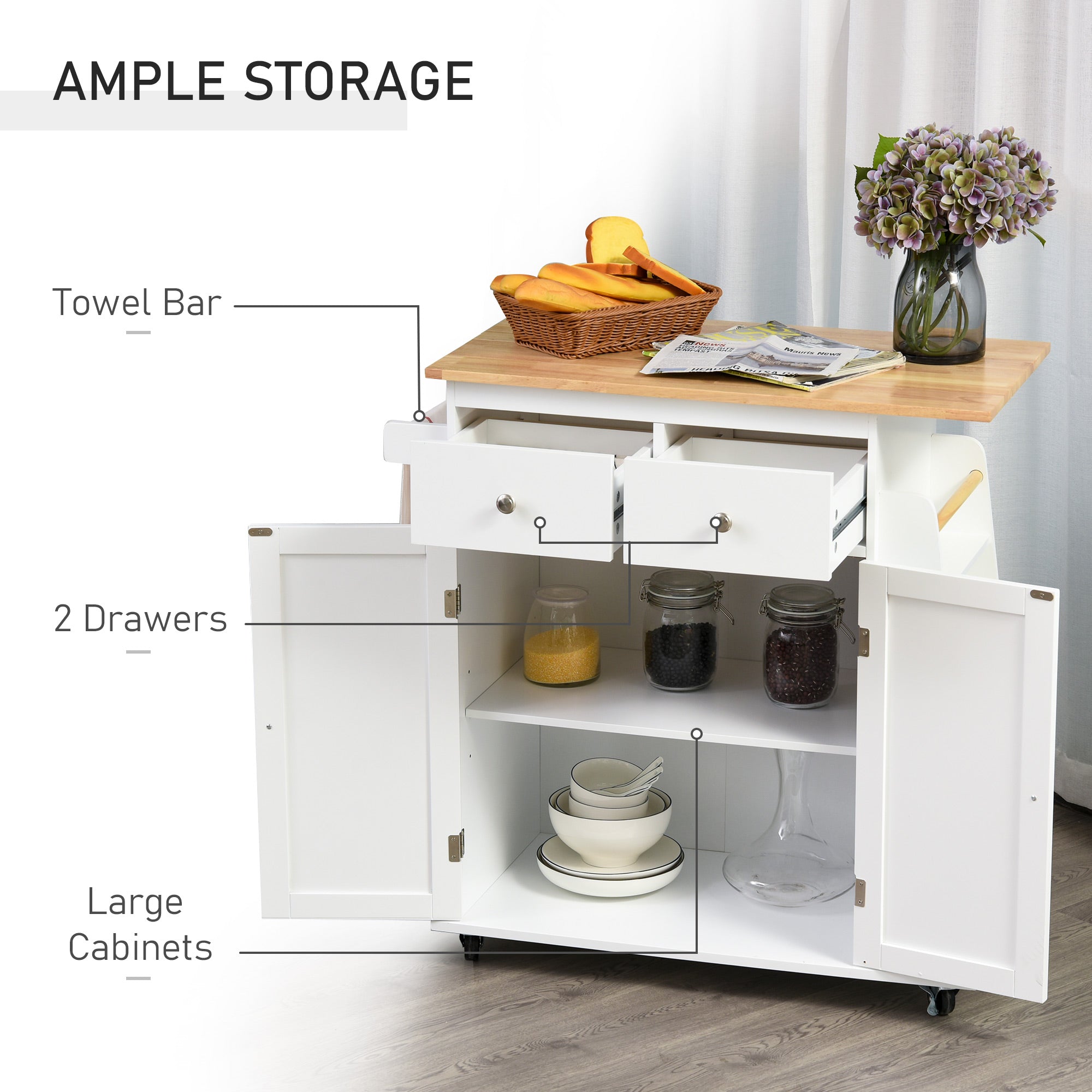 HOMCOM Culinary Companion: Kitchen Island Trolley Cart with Rubber Wood Top, Spice Rack, Towel Holder, 3-Tier Storage, Black Finish 