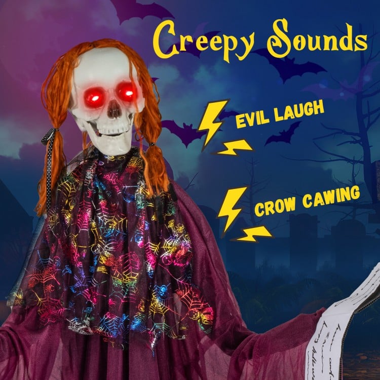 6 Feet Halloween Animatronic Standing Girl Holding Book with Sound-Activated Light-up Eyes and Moving Arms & Head
