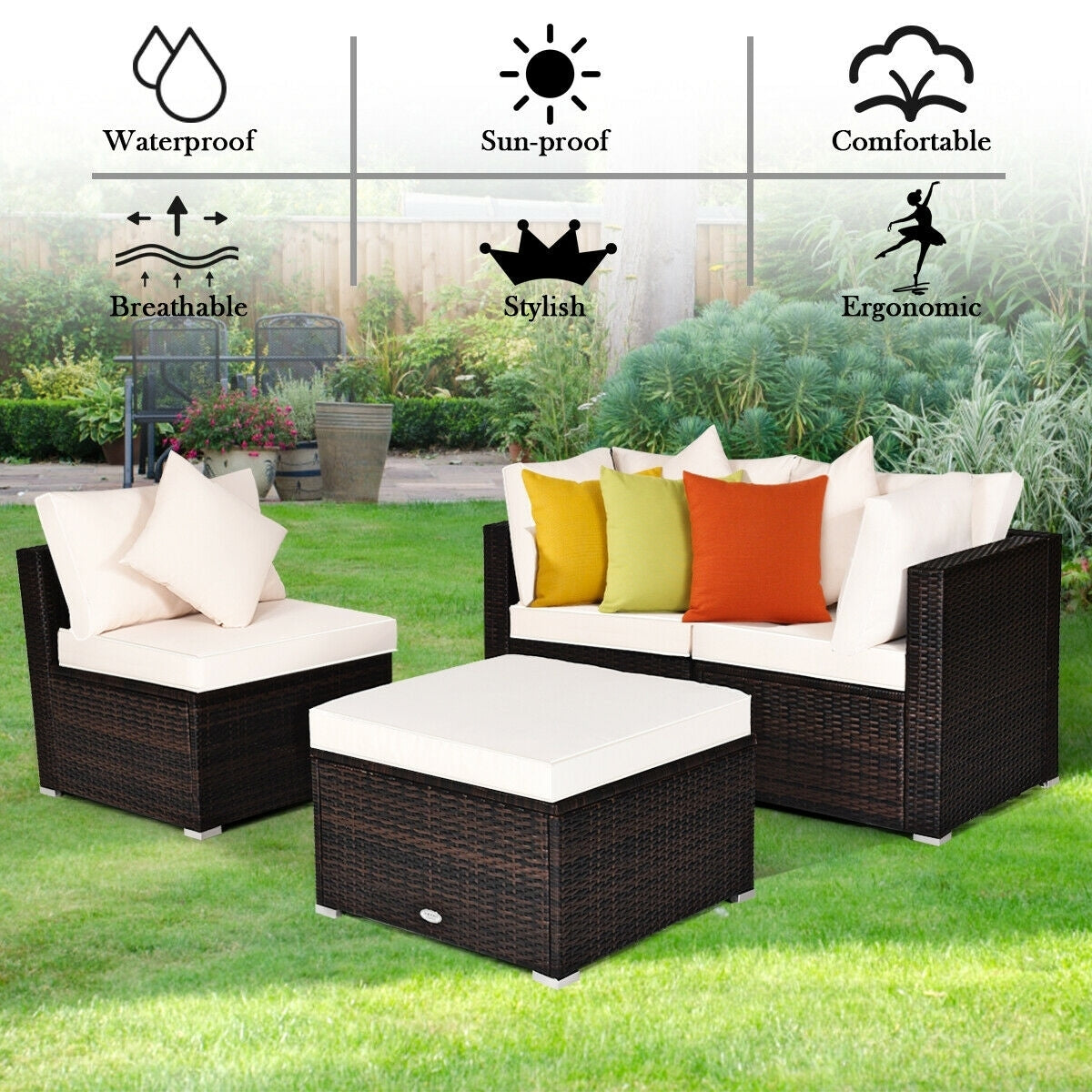 4 Pcs Ottoman Garden Deck Patio Rattan Wicker Furniture Set Cushioned Sofa-White