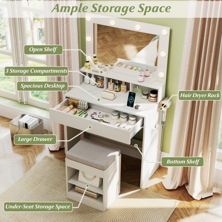 31.5 Inches Vanity Desk with 3 Lighting Modes and Storage Shelves-White