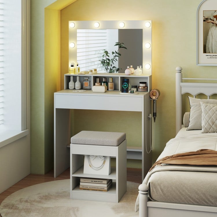 31.5 Inches Vanity Desk with 3 Lighting Modes and Storage Shelves-White