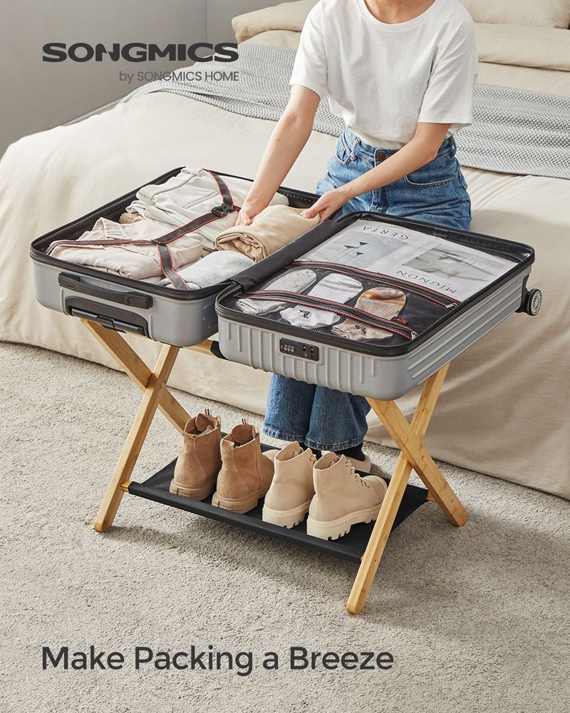 SONGMICS Folding Suitcase Stand with Storage Shelf 