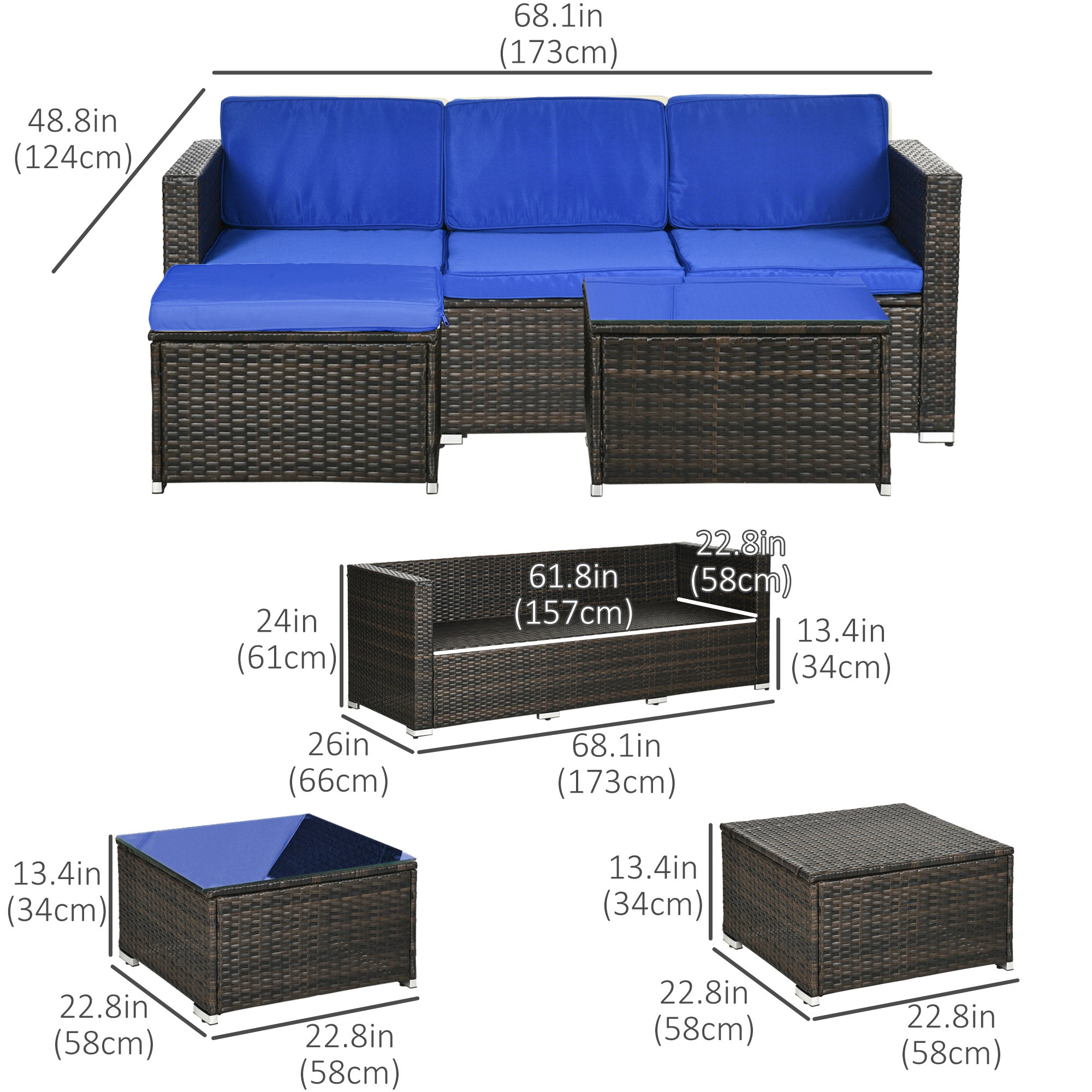 Outsunny 3 Pieces PE Rattan Patio Furniture, Wicker Conversation Corner Sofa Sets w/ Padded Cushions, Glass Top Table & Adjustable Foot 