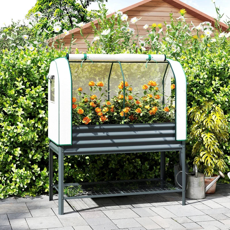 Galvanised Raised Garden Bed with Greenhouse Cover, Metal Elevated Planter Box with Bed Liner, Bottom Shelf, Dark Grey