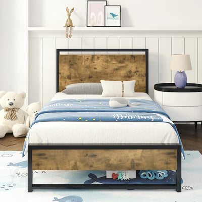 Fenham Black Metal Platform Bed with Industrial Wood Headboard