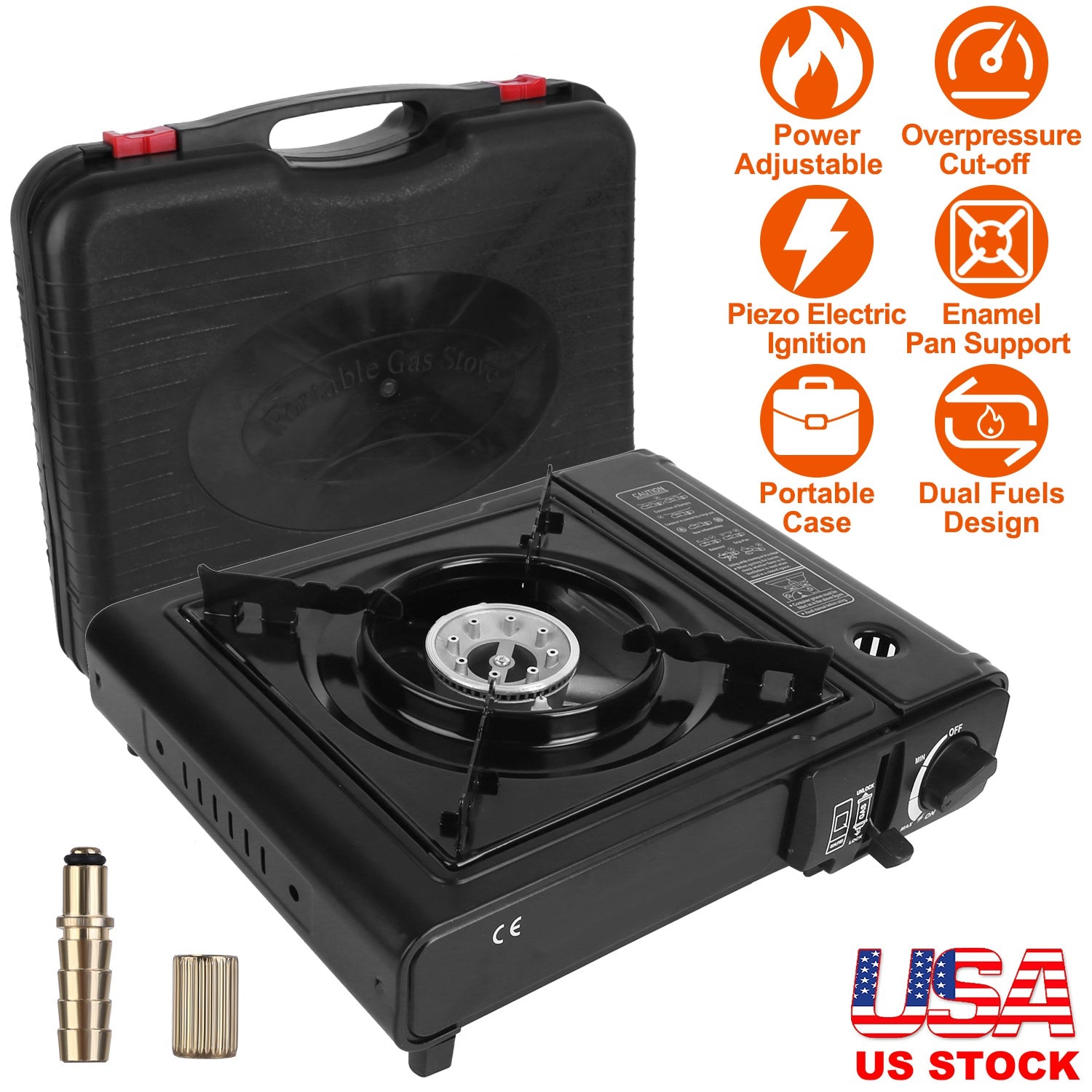 3300W Portable Camping Stove Butane Canister Dual Fuel Burner Piezo Electric Ignition Single Burner with Automatic Tank Ejection Overpressure Cut Off