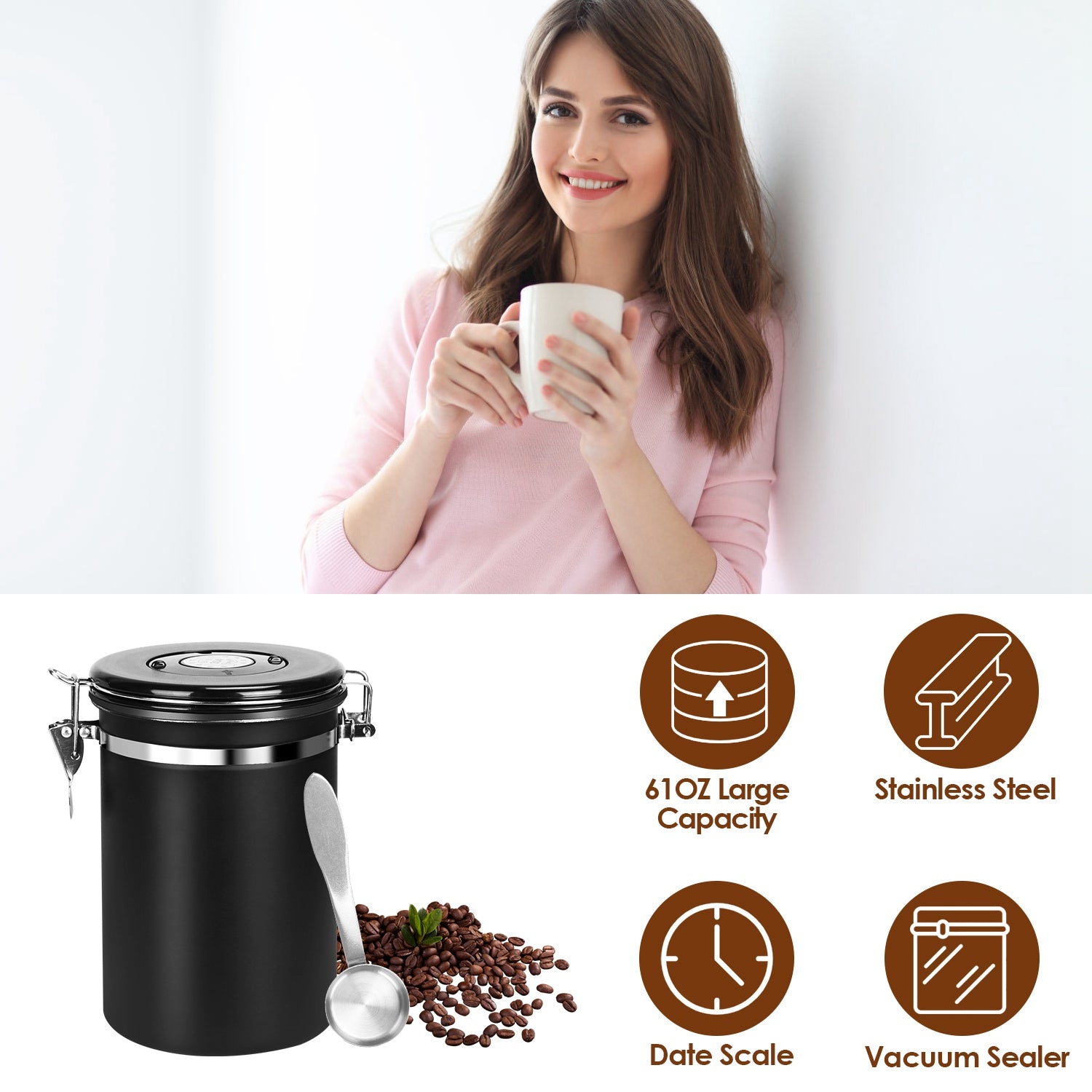 61OZ Stainless Steel Coffee Container With Scoop Date Month Tracker Airtight Coffee Canister For Coffee Beans Grounds Tea Sugar Nut Candy Flour 