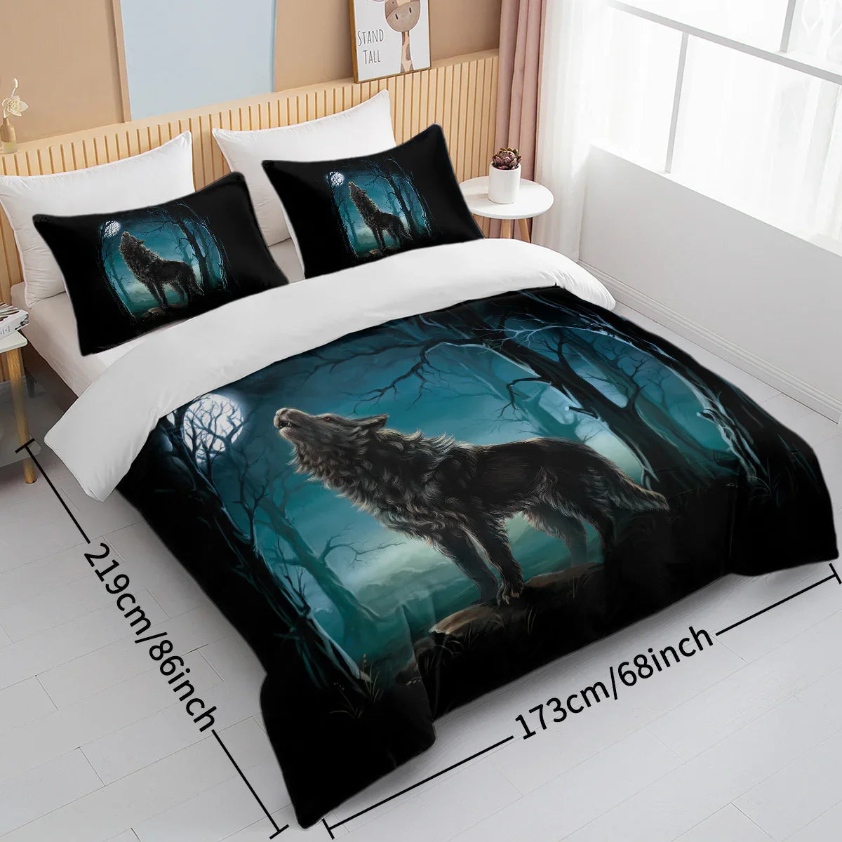 Moon Wolf Bedding Green Watercolor Forest Wolf Landscape Duvet Cover Sets 3 Pieces Wild Animal Bedding Set Twin Full Queen King Size 