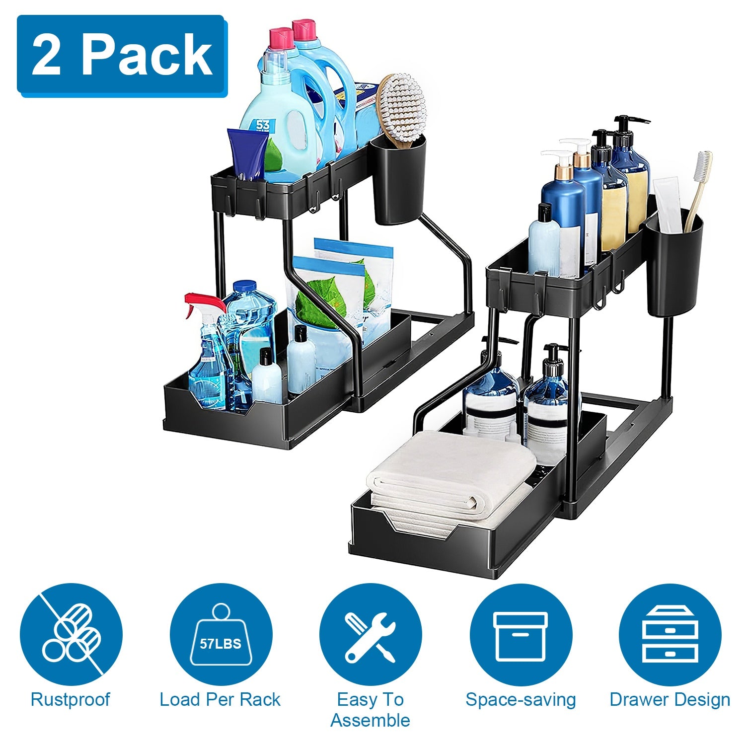 2 Pack 2-Tier Under Sink Organizer L-Shape Sliding Cabinet Organizers Storage Shelves with 8 Removable Hooks 2 Hanging Cups for Bathroom Kitchen Offic