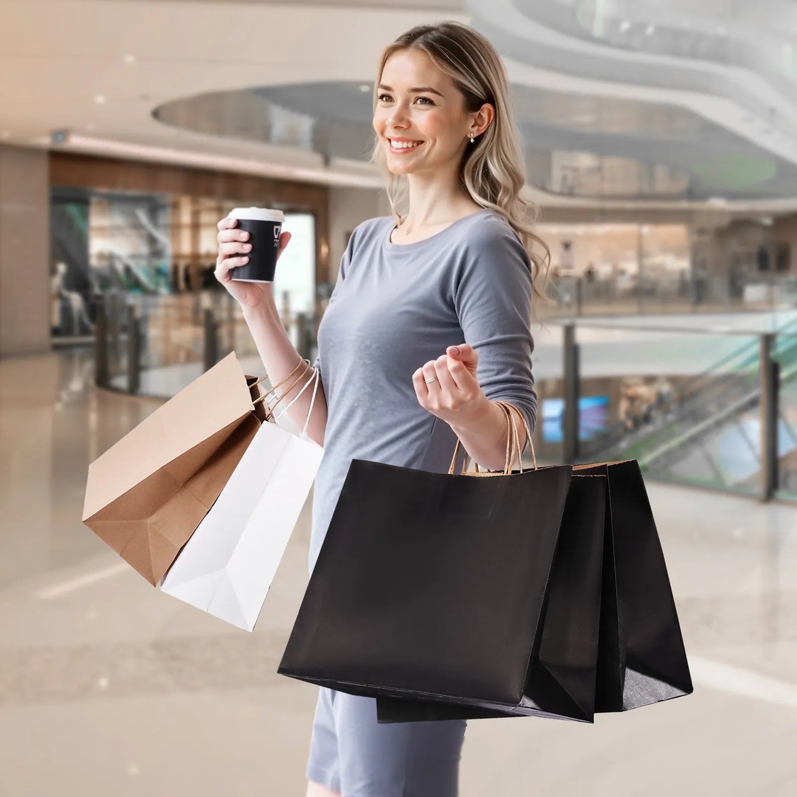 VEVOR Kraft Paper Bags with Handles – 50/100Pcs, 16 x 6 x 12 in, Large Reusable & Recycled Grocery/Party Bags – White, Brown, Black 