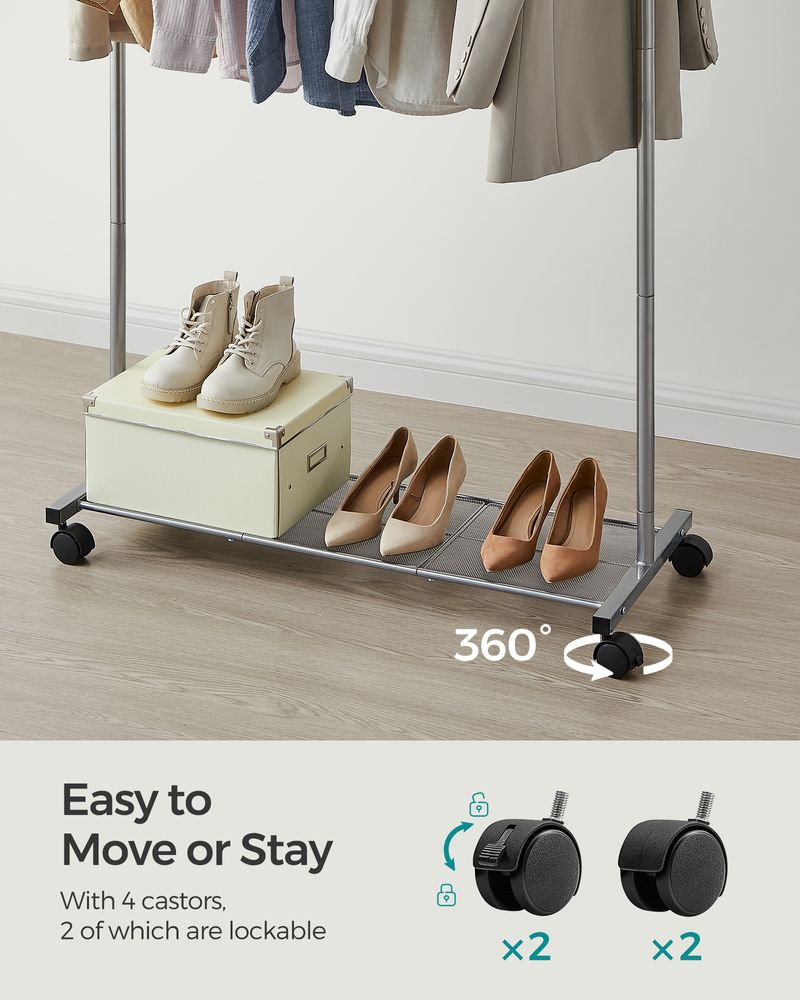 SONGMICS Clothes Rack with Wheels and Dense Mesh Storage Shelf 