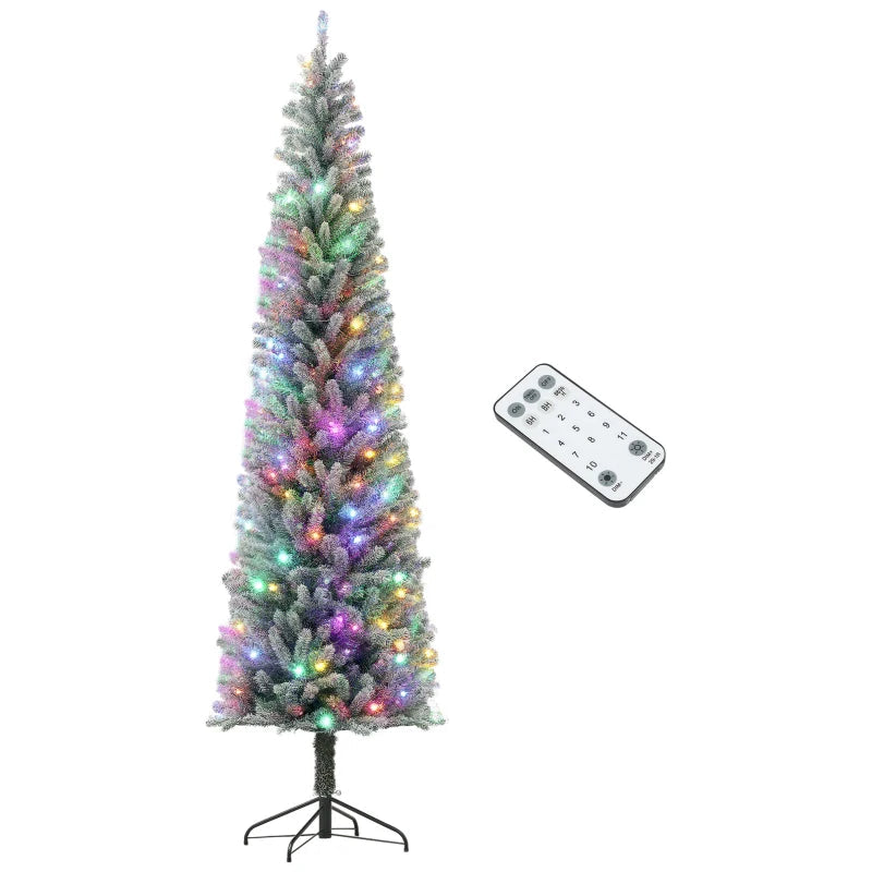 HOMCOM 6FT Prelit Pencil Christmas Tree with Remote, Slim Artificial Flocked Xmas Tree with Dual-Colour LED Lights, 429 Tips & Metal Stand 
