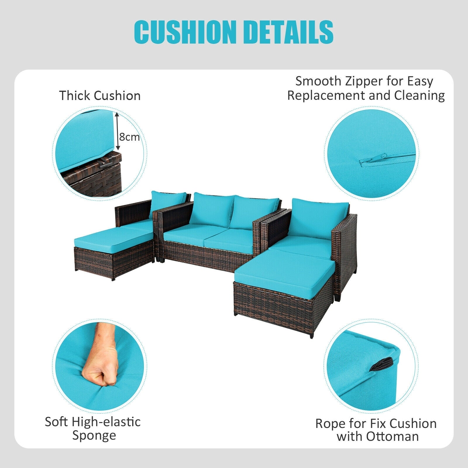 5 Pieces Patio Cushioned Rattan Furniture Set-Turquoise