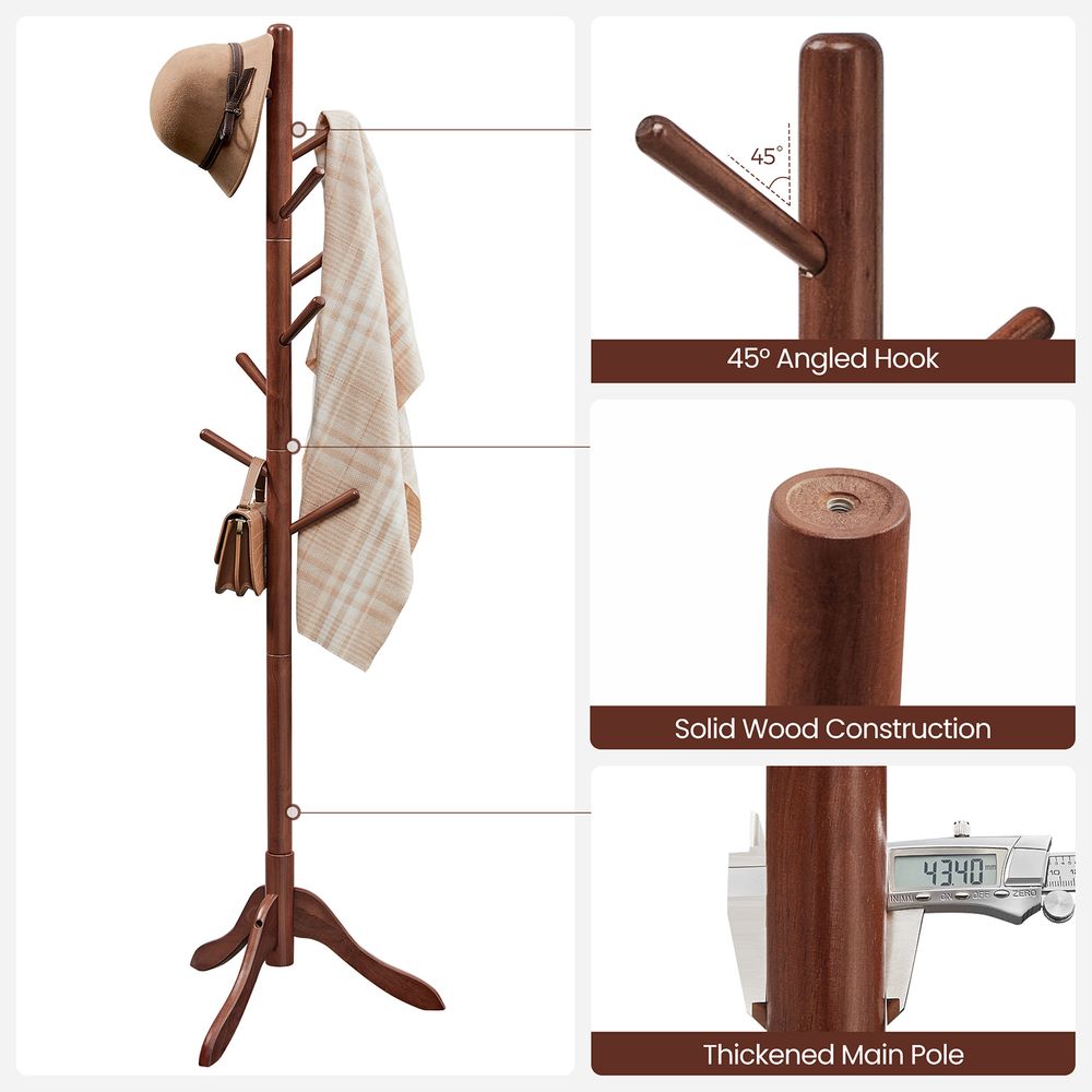 VASAGLE Solid Wood Coat Rack with 8 Hooks 