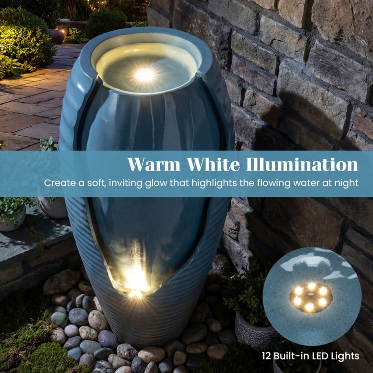 32 Inch Tall Jar Water Fountain with LED Lights and Pump Vintage Ceramic-Look