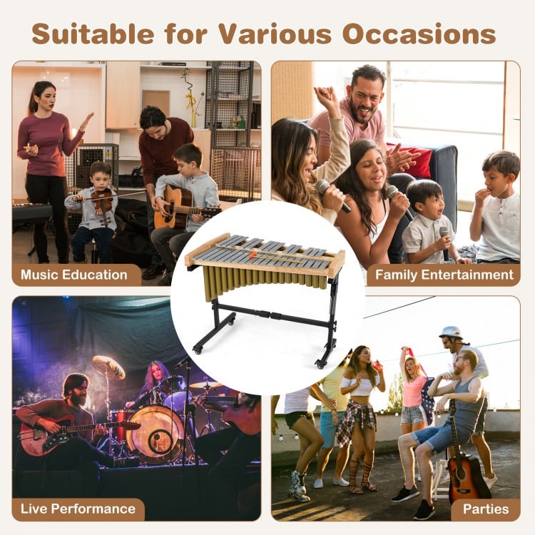 32 Note Marimba Aluminum Xylophone with Rubber Wood Base-Golden