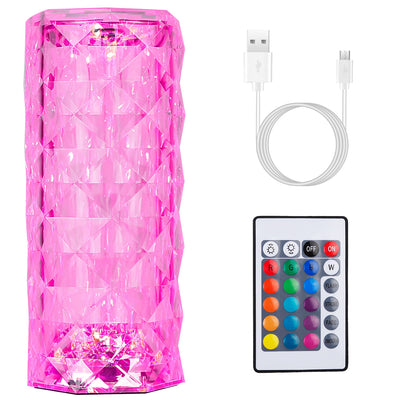 Crystal Diamond Rose Table Lamp Dimmable Remote Touch Control Beside LED Night Light Rechargeable 16 Color Change Atmosphere Bar Lamp 