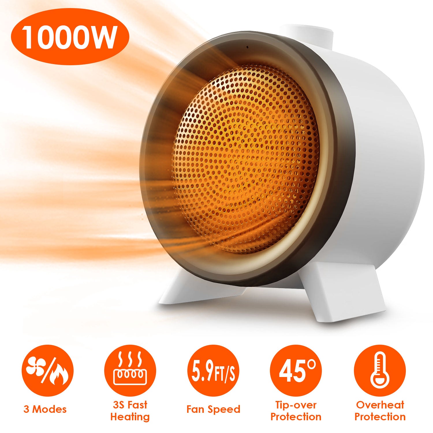 1000W Electric Space Heater Ceramic Heater Fan Heating Fan with 3 Modes 3S Fast Heating Tip-over Overheating Protection for Home Office Dormitry