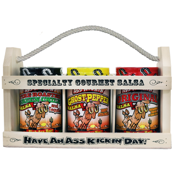 Ass Kickin’ Salsa Wooden Crate Gift Set: Three Jars of 13 oz. (384mL) Ass Kickin’ Salsa.• Ass Kickin’ Original Salsa• Ass Kickin’ Margarita Salsa (Mild)• Ass Kickin’ Roasted Garlic Salsa 