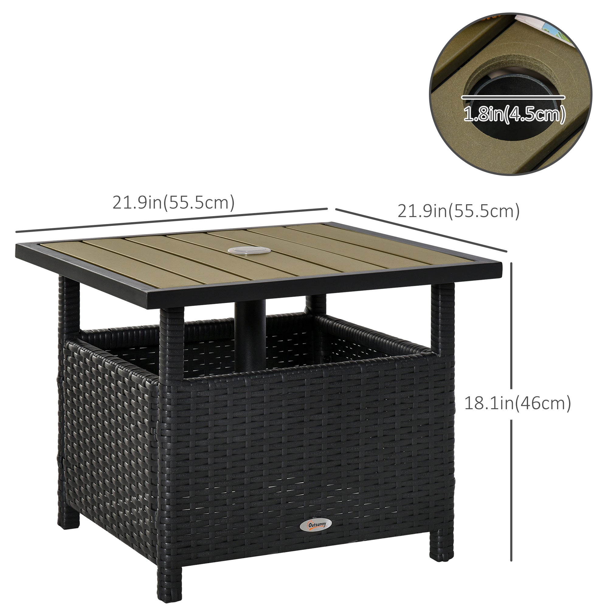 Outsunny 22" Square Steel PE Rattan Wicker Table With Umbrella Hole Patio Dining Side Table Used as Umbrella Stand Black 