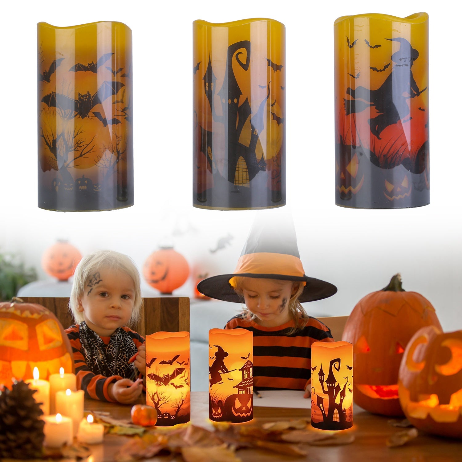 3 Pack Halloween Flameless Candle Lamp with Timer Setting Battery Operated Warm Orange Light Candles for Halloween Party Decoration Witch Bat Castle