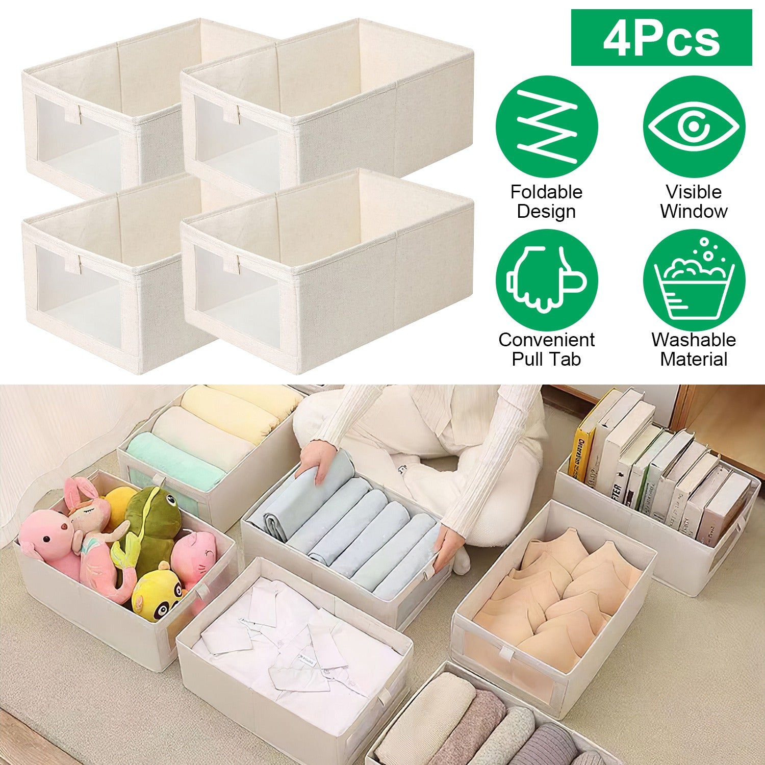 4Pcs Foldable Linen Clothing Storage Bin with Visible Clear Window Convenient Handle Multipurpose Collapsible Storage Basket Closet Fabric Container F 