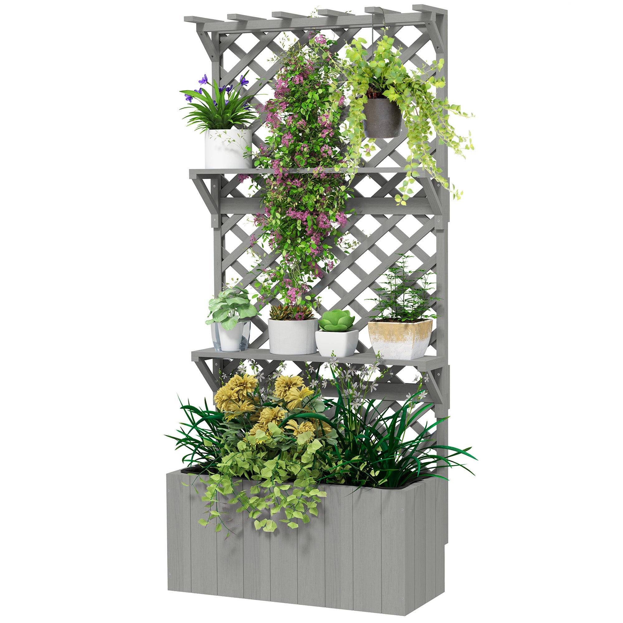 Outsunny Raised Garden Bed, Wooden Planter with Trellis, Hanging Roof, Plant Shelf, Drainage Holes and Bed Liner, Grey 