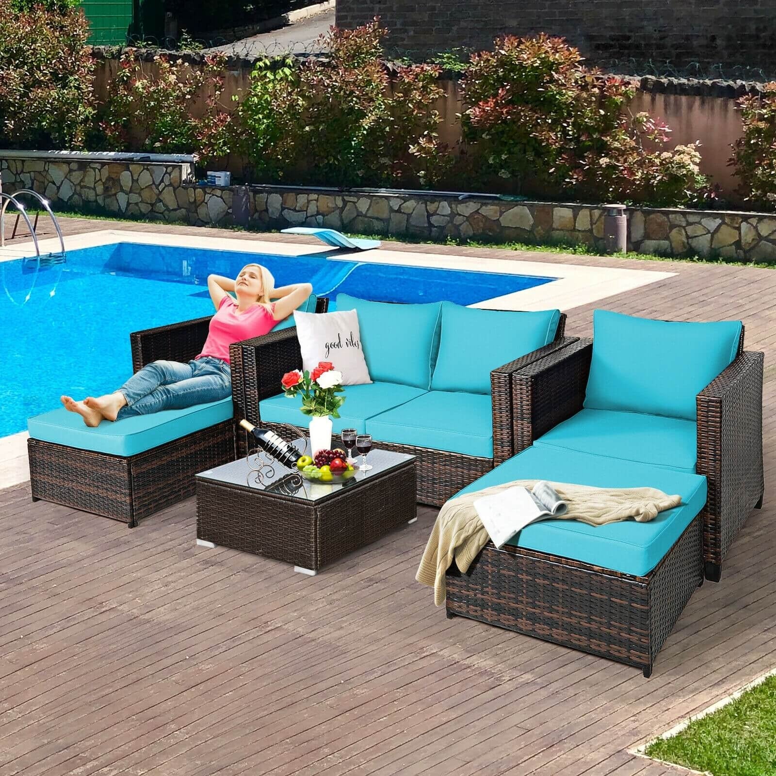 5 Pieces Patio Cushioned Rattan Furniture Set-Turquoise