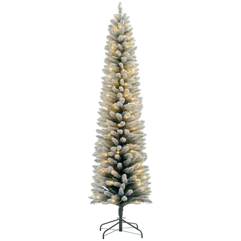 HOMCOM 5FT Prelit Pencil Christmas Tree with Warm White LED Lights, Slim Artificial Snow Flocked Xmas Tree with Metal Base 
