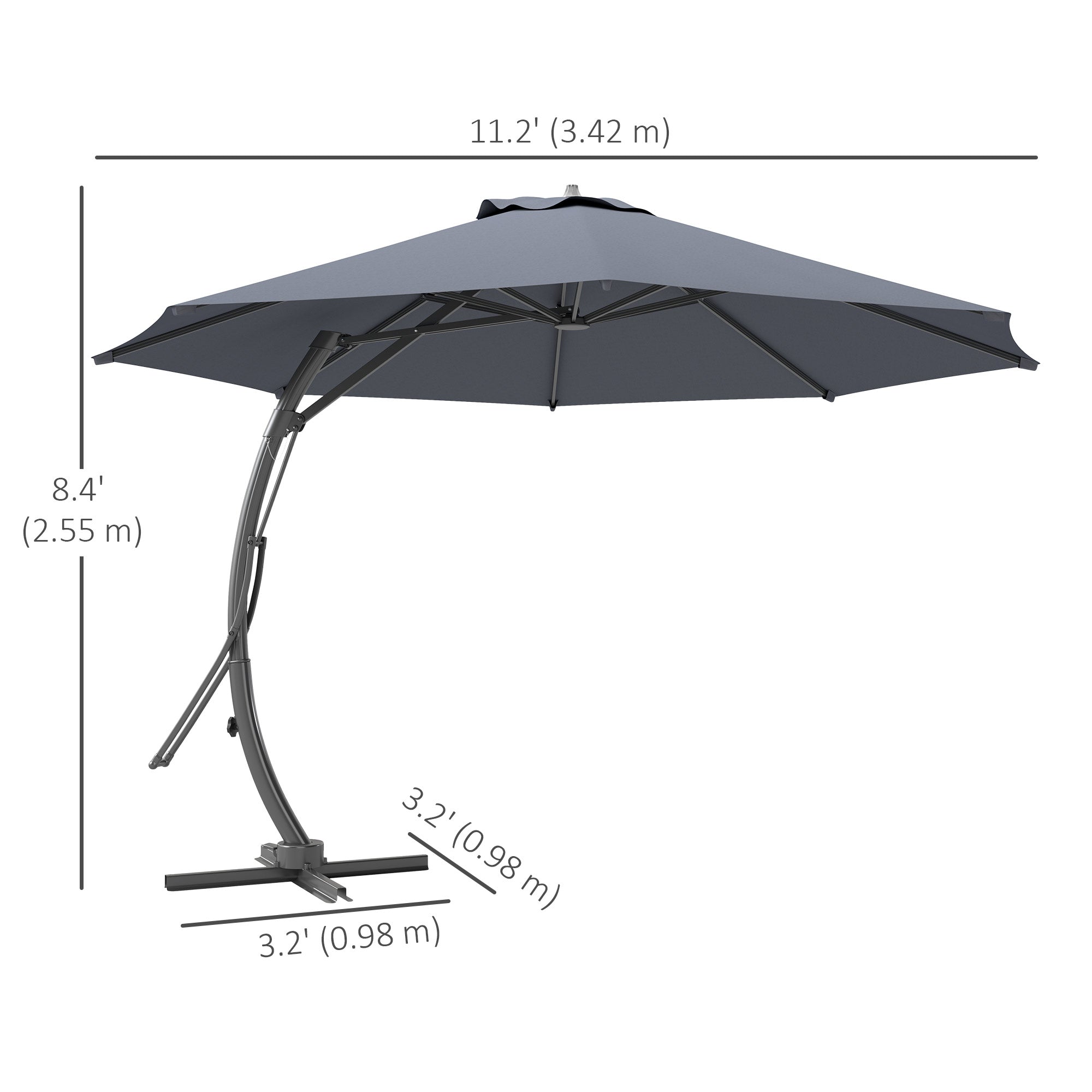 Outsunny 11FT Patio Umbrella, Cantilever Umbrella with 8 Ribs, 360° Rotation, Easy Adjustment for Garden, Deck, UPF 50+, Grey 