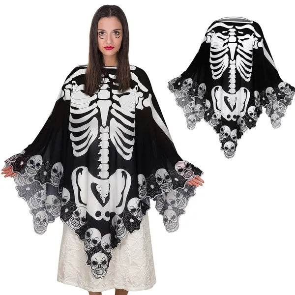 Halloween Skeleton Poncho Skull Bones Lace Skeleton Cape Shawl Halloween Costume Day Of The Dead Poncho For Halloween Horror Theme Trick Or Treat Birthday Party 