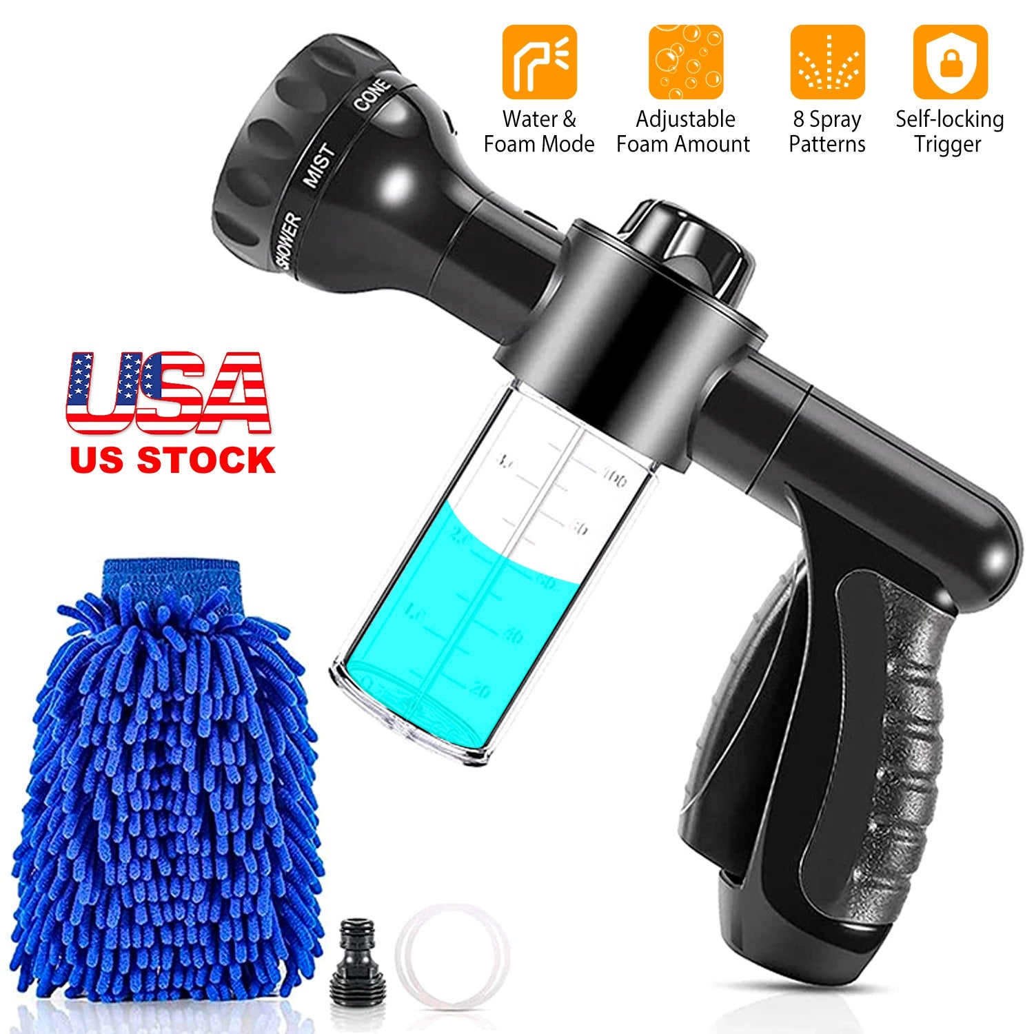 8 In 1 Foam Garden Hose Nozzle Soap Sprayer High Pressure Foam Cannon with Car Wash Mitt 3.5oz Soap Dispenser Bottle for Pet Shower Plant Watering 