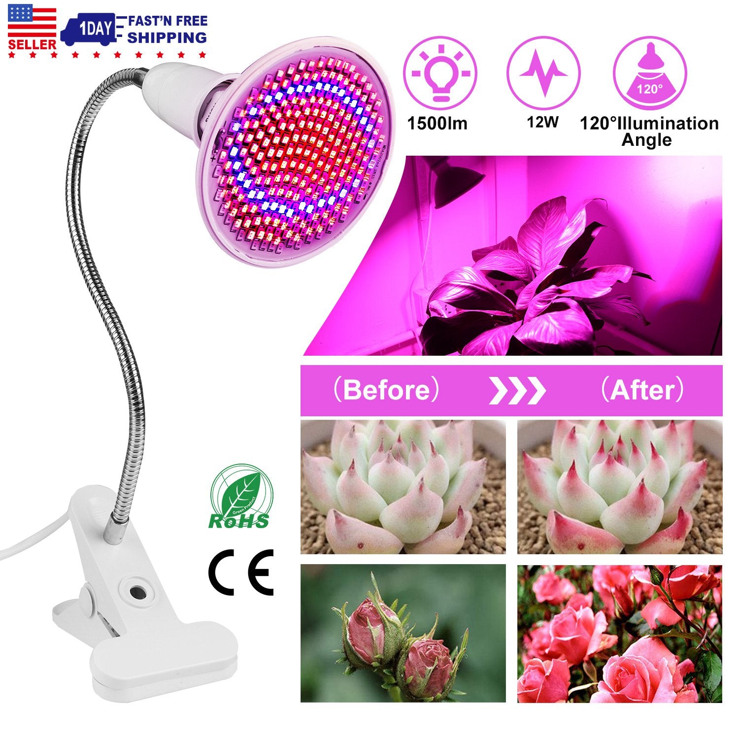 LED Grow Light 12W 200 Red Blue LEDs Plant Grow Lamp 360°Rotatable Plant Light w/ Desk Clip for Plants Indoor 