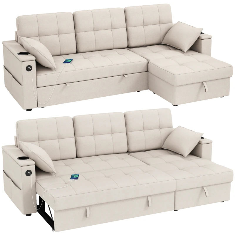 Convertible Sectional Sofa Bed, Pull Out Sleeper Sofa Couch with USB‑A+C, Chaise Storage, L-Shaped Futon Couch, Beige