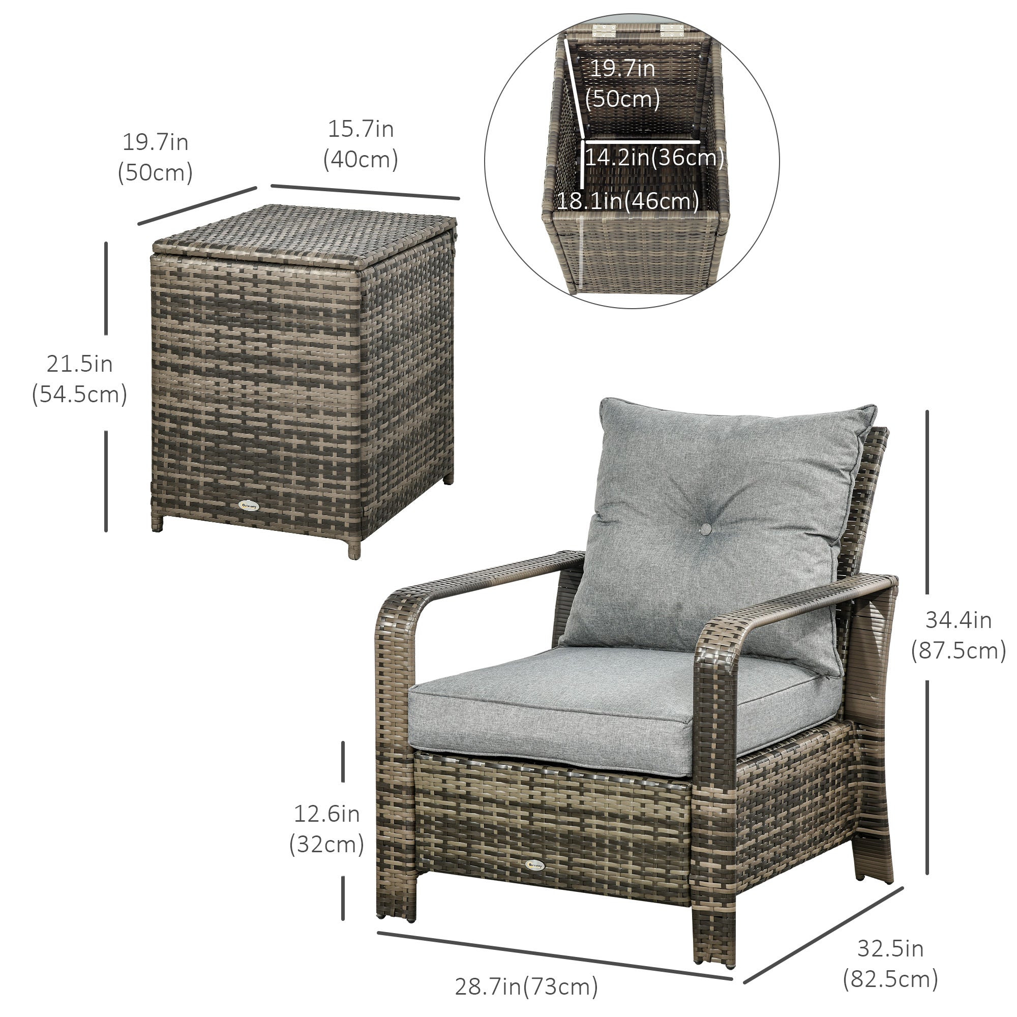 Outsunny 3pc Rattan Garden Sofa Set 2 Padded Chairs Storage Table Mixed Brown 