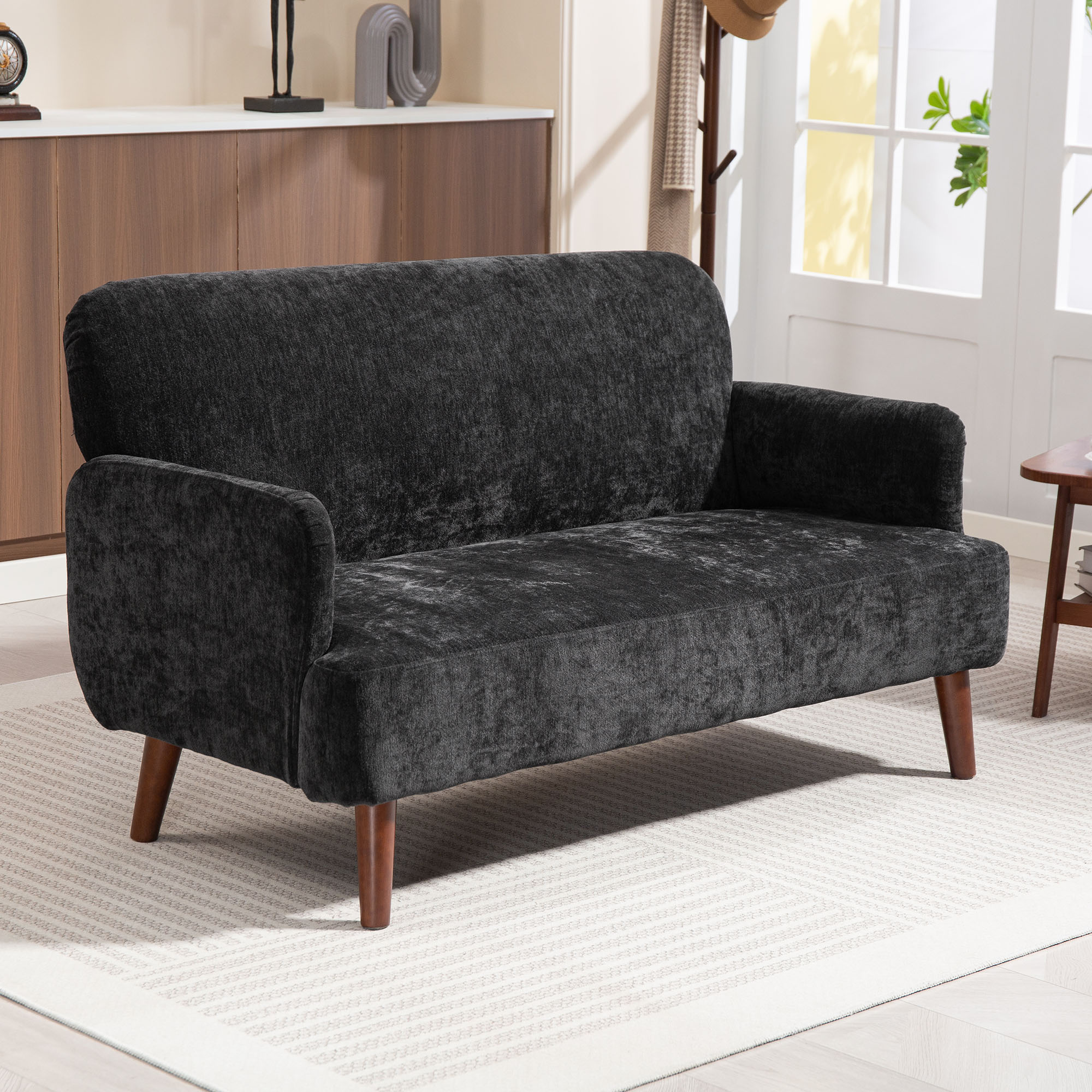 HOMCOM Velvet Feel Fabric 2 Seater Sofa, Small Sofa Loveseat with 8.3" Thick Padding and Wood Legs, Black 