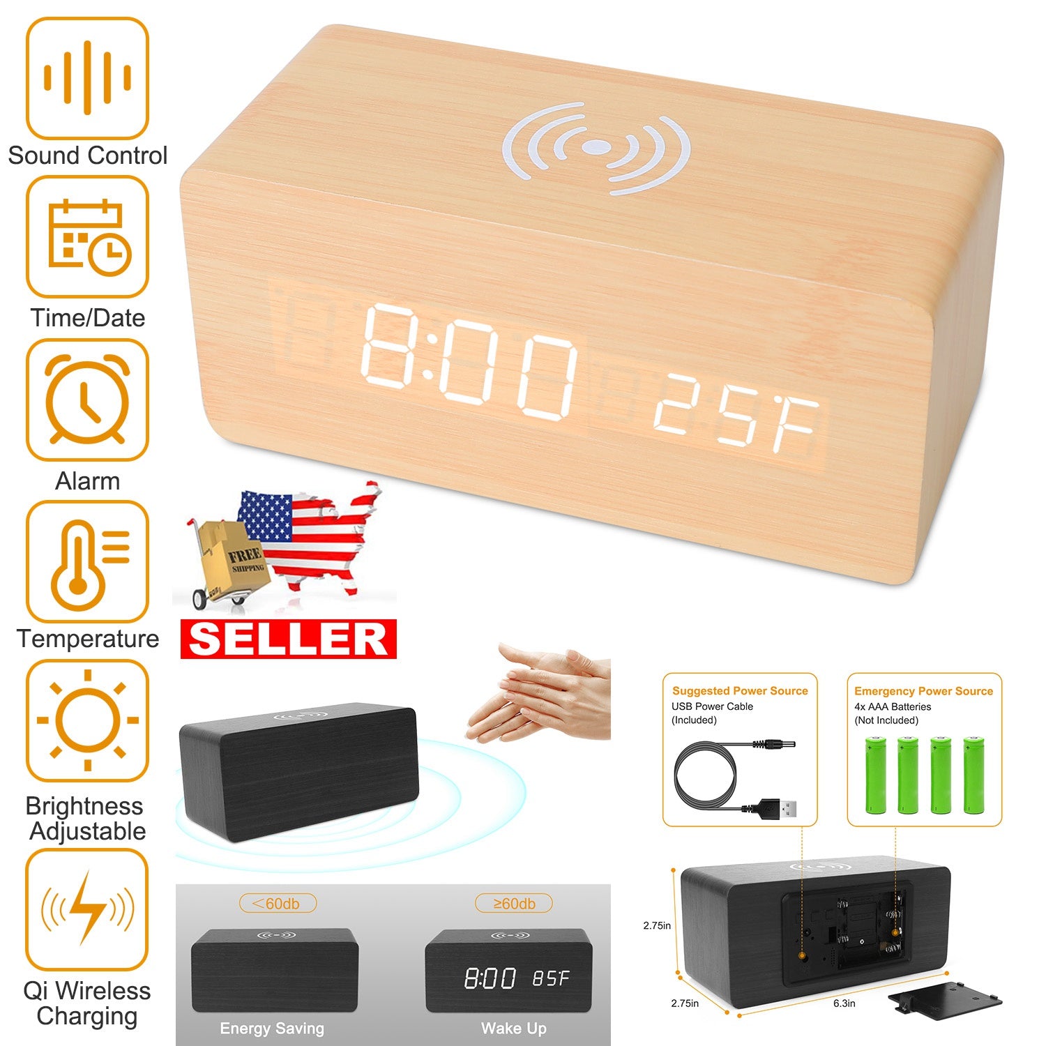 Digital Alarm Clock Qi-Wireless Charger Time Temperature Calendar Display Clock w/ Voice Control Brightness Adjustment (Bamboo Color)