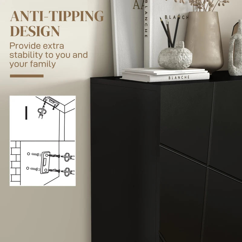 Narrow Shoe Storage Cabinet with Soft-Close Hinges and Adjustable Shelves for 15-20 Pairs of Shoes, High Gloss Black