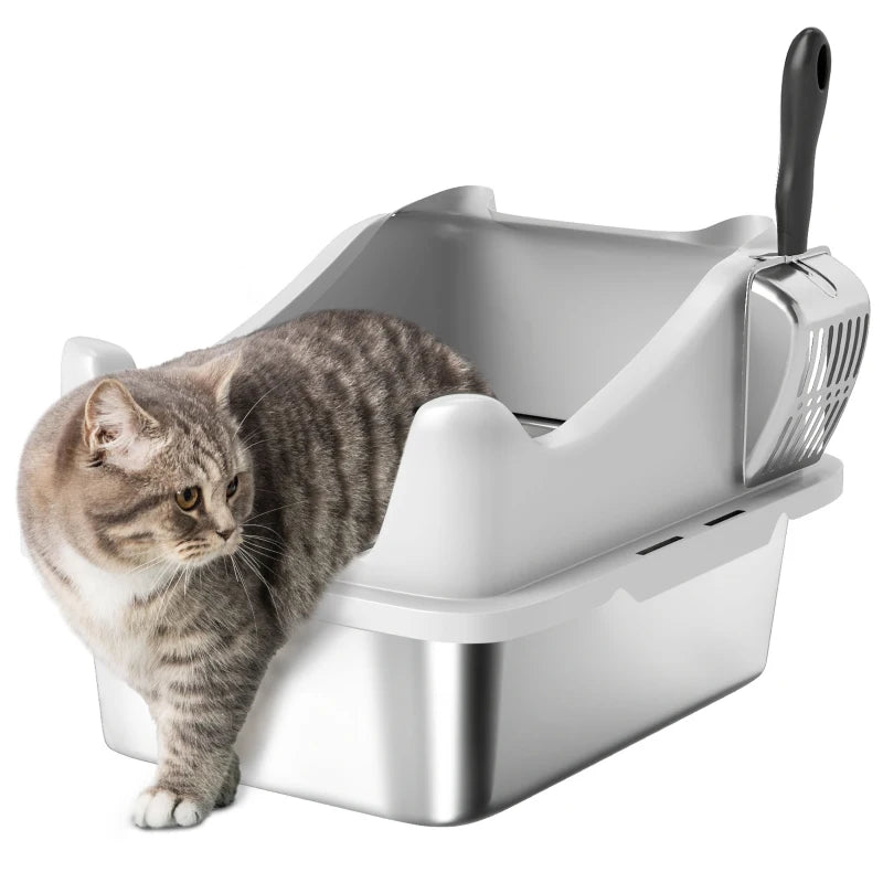 Cat Litter Box Stainless Steel with Metal Litter Scoop, Never Absorbs Odors, Anti Leakage, 17" x 13" x 10", Grey